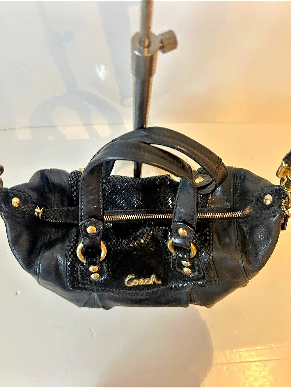 Coach Ashley Black Leather & Snake-Embossed Satchel/ Shoulder Bag Beautiful - Picture 7 of 16